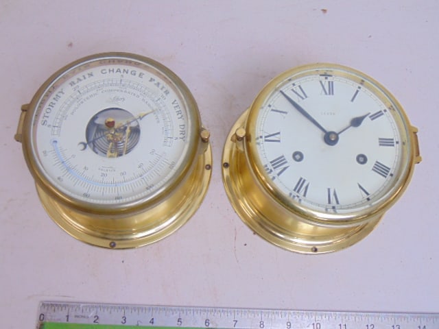 Brass ship's clock & barometer, clock by Lexon 6" in diameter, barometer by Aug. Schatz & Sohne, 6" (1 of 8)