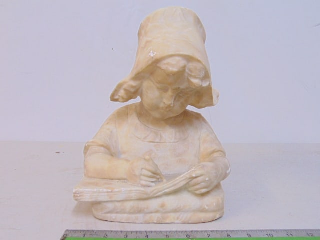 Carved alabaster statue, bust, young girl with bonnet writing, unsigned, height is 12" (1 of 4)