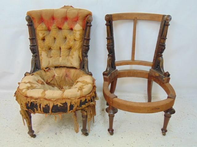 Pair Egyptian revival Victorian armchair frames, one needs total restoration, one just upholstery. (1 of 5)