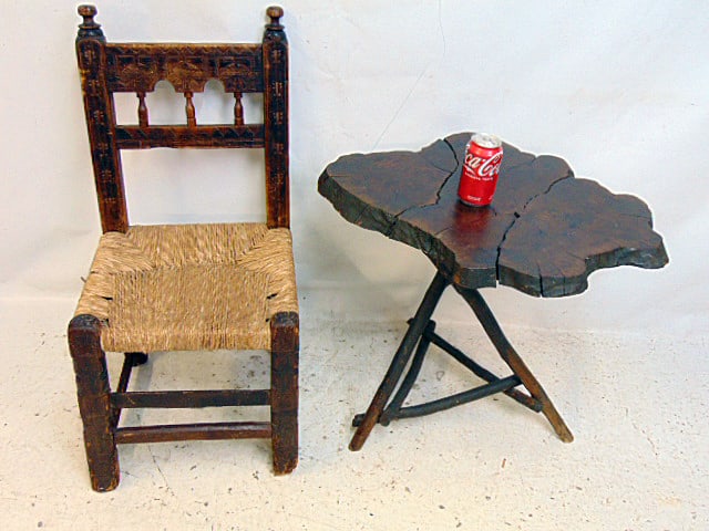 Rustic side table and early rush seat chair, table or stand is 24.25" tall, top split in several (1 of 6)