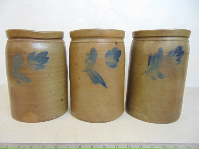 3 stoneware crocks with blue floral decoration, one has small chip on rim, height is 10" (1 of 7)