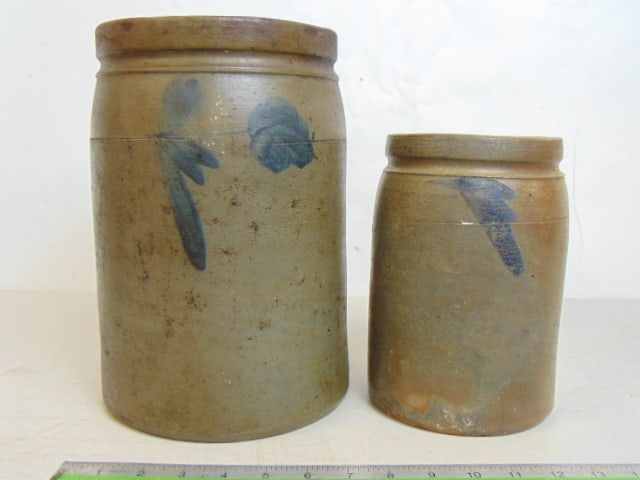 2 Pennsylvania stoneware crocks with blue decoration, both have condition issues, 8.25" x 11.25" (1 of 5)