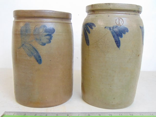 2 stoneware crocks with blue decoration, one has hairlines, other has chipped rim, both marked "1", (1 of 7)