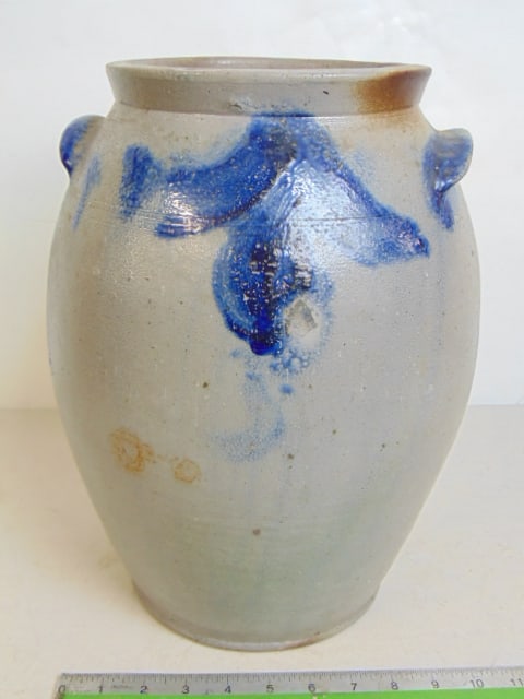 Stoneware crock with blue cobalt decoration, height is 13.75", chip on handle: Stoneware crock with blue cobalt decoration, height is 13.75", chip on handle