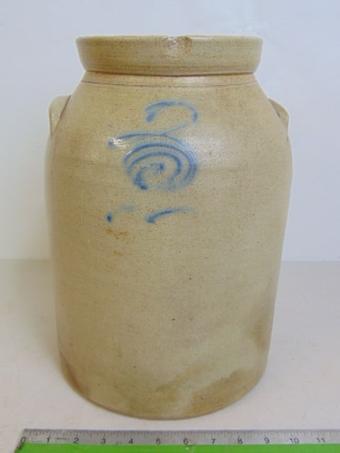 3 gallon stoneware crock with blue swirl decoration, chip on rim, large chip on base, 13.75" tall: 3 gallon stoneware crock with blue swirl decoration, chip on rim, large chip on base, 13.75" tall