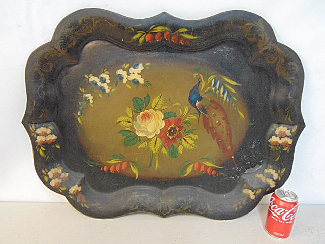Tole paint decorated serving tray, decorated with flowers & peacock, 22" by 29" (1 of 4)