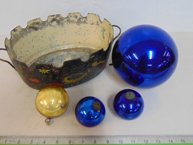 4 Kugel Christmas ornaments & tole paint decorated basket, one large & 3 small Kugels (1 of 3)