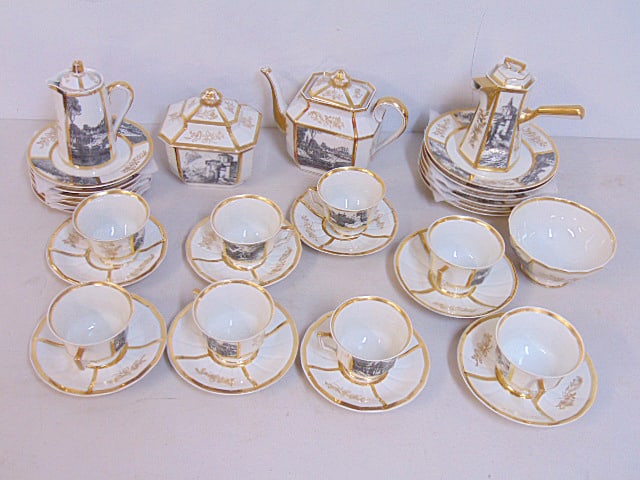 Limoges porcelain tea set, cups saucers, cake plates, sugar, creamer, coffee, tea pot, decorated (1 of 6)