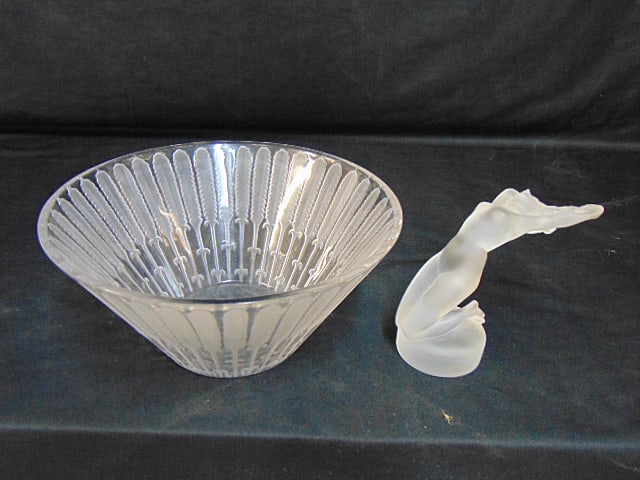 Lalique art glass figure & bowl, bowl with feather pattern, 10" in diameter, height is 4.75" &: Lalique art glass figure & bowl, bowl with feather pattern, 10" in diameter, height is 4.75" & figure of a nude, art deco style, leaning back