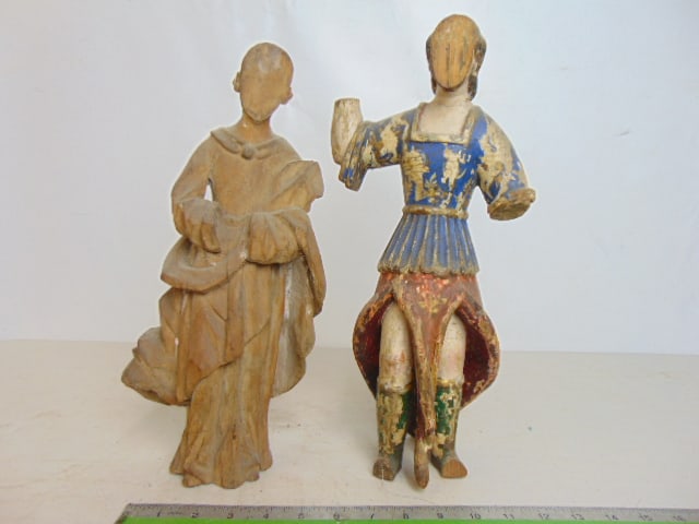 2 carved wood Santos figures, one polychrome, both are missing their faces, polychrome figure (1 of 6)