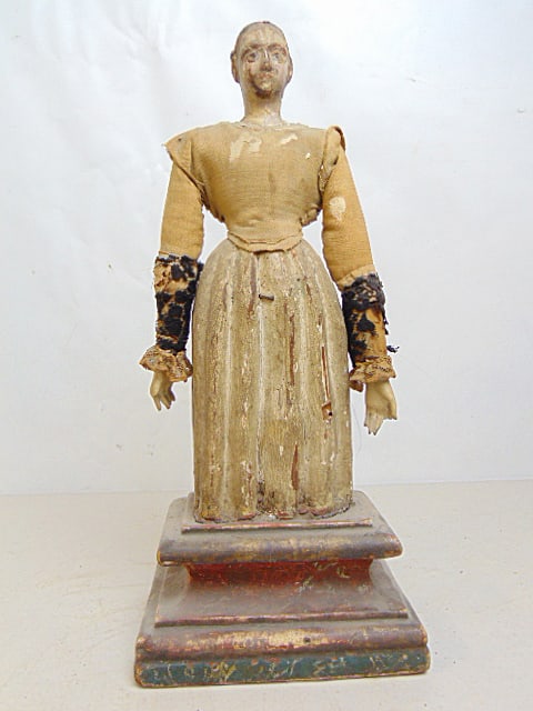 Carved wood female figure (Santos ?) with fabric arms & torso, late 18th Century, on base, faded (1 of 5)
