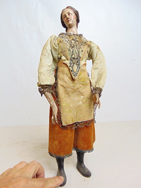 18th Century Creche figure, wood & jesso polychrome with period embroidered clothing, figure is: 18th Century Creche figure, wood & jesso polychrome with period embroidered clothing, figure is 15.5"