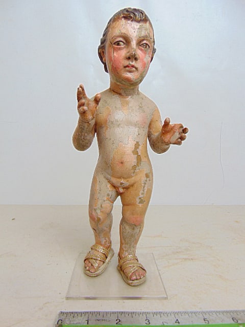 Wood & gesso painted figure, nude boy on sandals, has repair to face, height is 11.25": Wood & gesso painted figure, nude boy on sandals, has repair to face, height is 11.25"