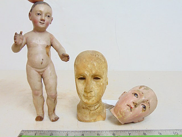 Carved wood, gesso lot, figure of a young boy & 2 heads, boy is 8.5" tall, one head is worn, glass (1 of 8)