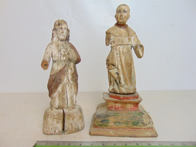 2 carved wood Santos figures, figures in robes, some remnants of old paint, split, one on base, arms (1 of 7)