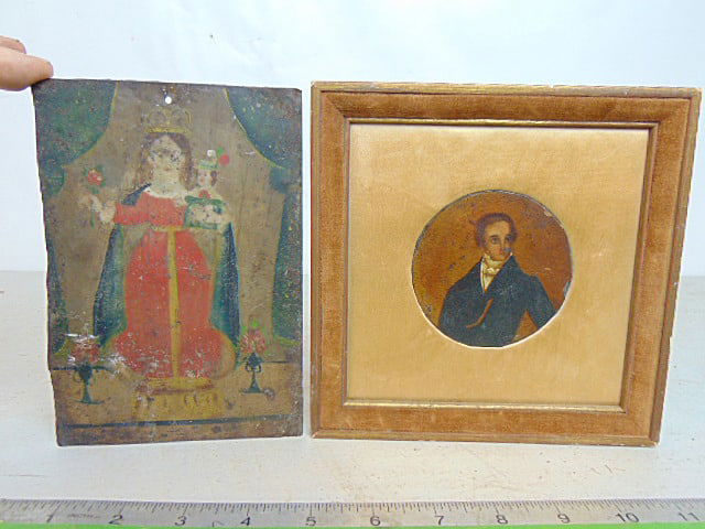 Retablo paintings, portrait man & portrait girl with doll & flower, on tin, girl is 7" by 4.75" , (1 of 5)