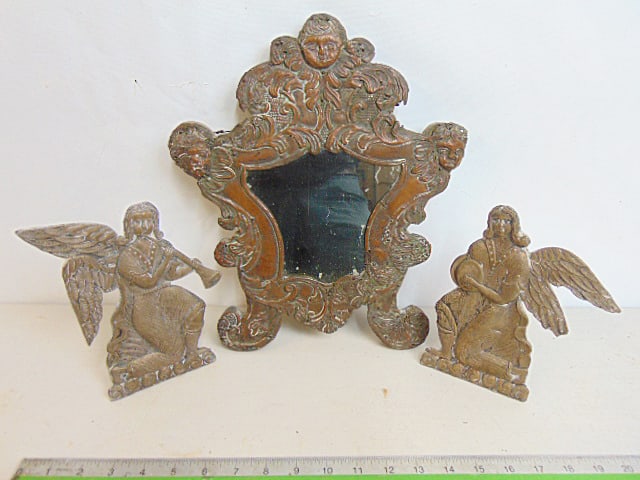 3 pieces of pressed copper relief, mirror & 2 angels, mirror is 13.75" tall, angels are 7.5" (1 of 7)
