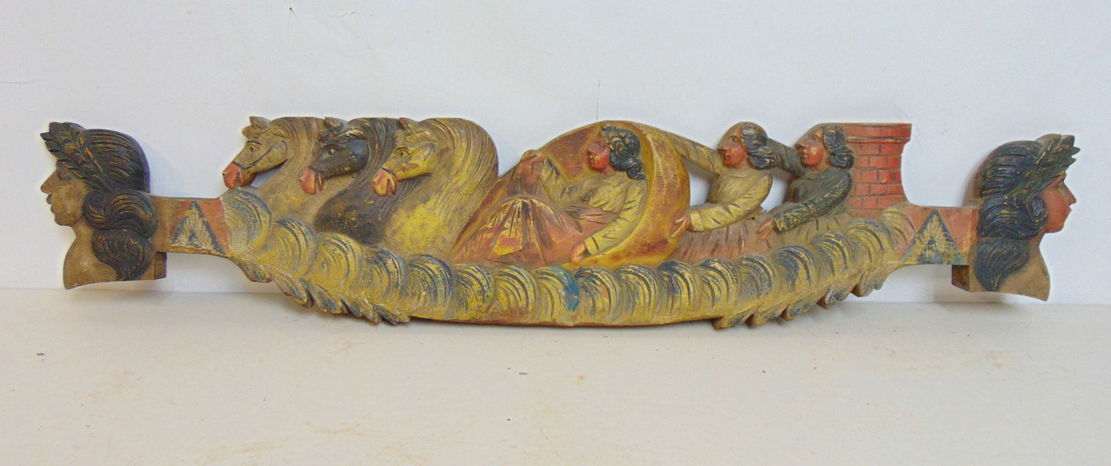 Hand Painted Sicilian cart fragment, painted & carved wood figure in horse drawn cart with two (1 of 6)