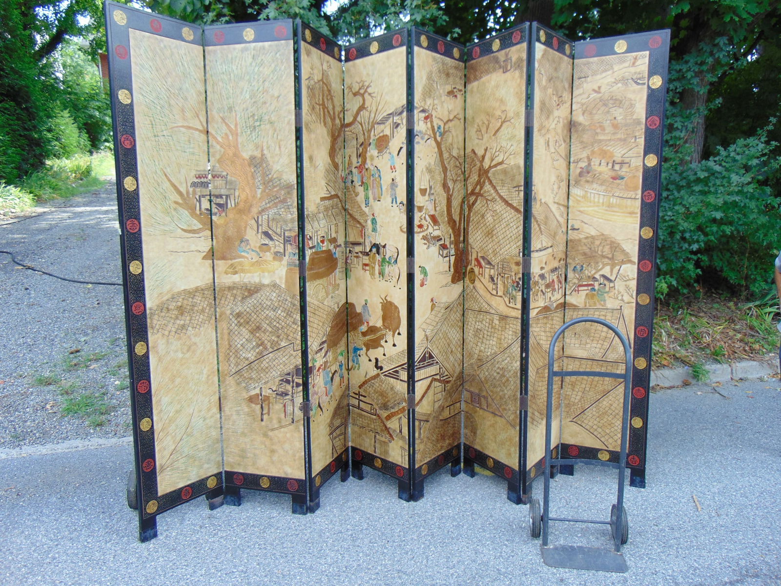 Large 1970's vintage? Chinese screen, 8 panels, decorated on both sides, each panel is 18", height (1 of 7)