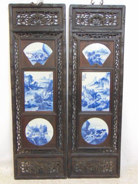 2 carved Chinese panels with porcelain blue & white inserts, 3 inserts each, center porcelain plaque (1 of 8)