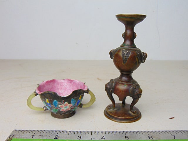 Silver enamel Asian cup with jade (?) handles & small bronze base. (1 of 5)