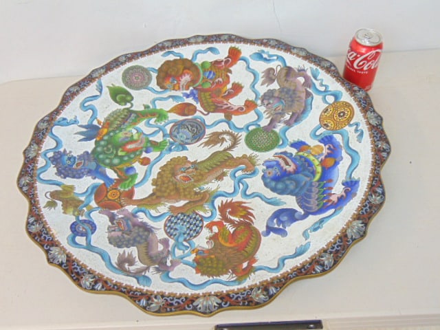 Large cloisonne charger decorated with foo dogs, decorative edge, charger is 25.25" in diameter (1 of 6)