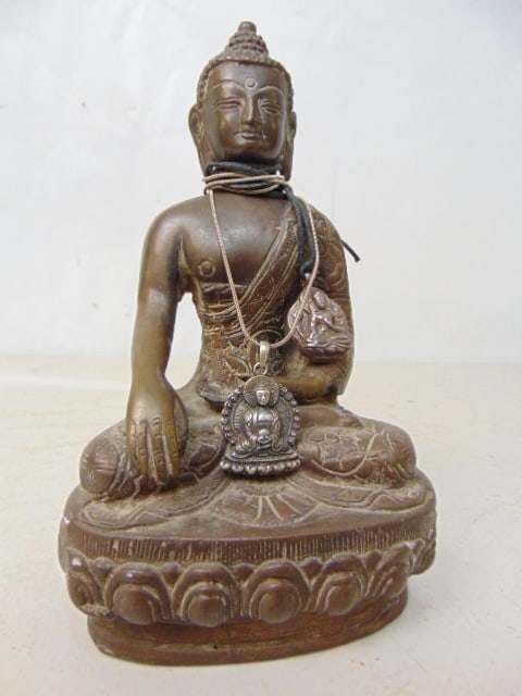 Small bronze Buddha figure with\ 2 Buddha 925 sterling pendants  pendants, height Buddha is 7 7/8" (1 of 4)