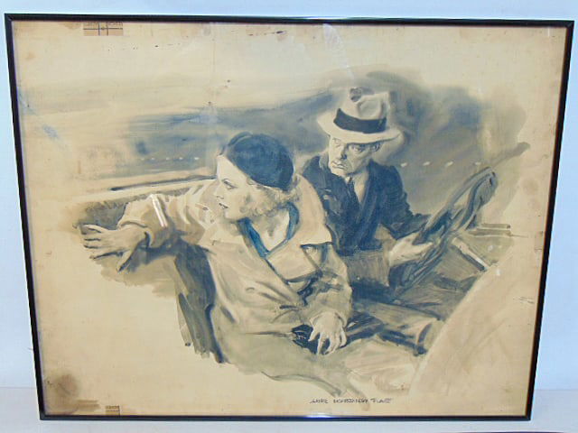 Illustration, man & woman in a car, James Montgomery Flagg, 22.5" by 28.5" (1 of 5)