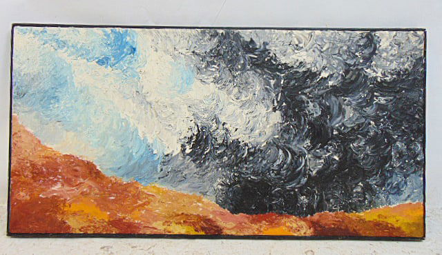 Painting, "Rolling Sky", by Rex Dimond, outsider art, oil on canvas, 20" by 40".  Biography: James (1 of 6)