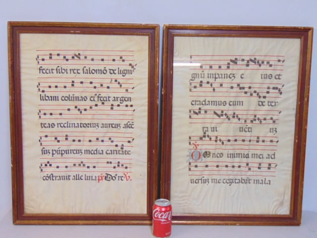2 music sheets on vellum, framed, with Latin text, 28" by 20.25", one is missing glass (1 of 4)