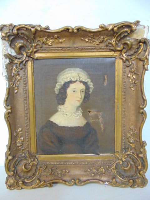 Painting, 19th Century portrait lady with lace collar & bonnett, oil on canvas, damaged, rip & small: Painting, 19th Century portrait lady with lace collar & bonnett, oil on canvas, damaged, rip & small hole damage to frame as well, oil is 12" by 10"