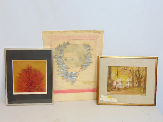 3 pieces art, deco style watercolor, etching by Joichi Hoshi & watercolor of a house, by Helen (1 of 9)