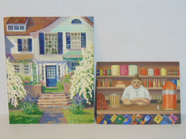 2 oil paintings, doorway flanked by flowering shrubs, signed Amory Hare, 20" by 16" & lady leaning: 2 oil paintings, doorway flanked by flowering shrubs, signed Amory Hare, 20" by 16" & lady leaning on counter, unsigned, 11.75" by 16", both on canvas board.
