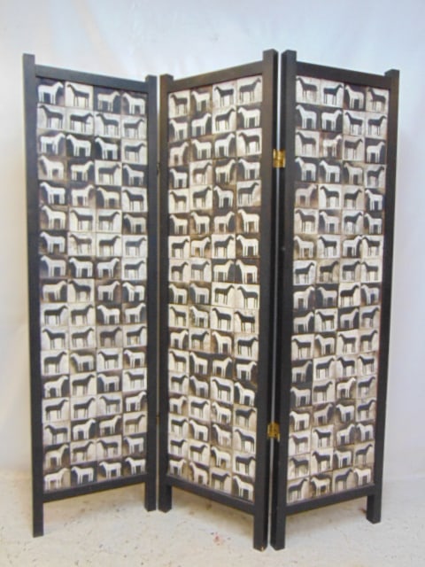 3 panel 'outsider art' screen, decorated with small tiles painted with horses in black & white, (1 of 4)