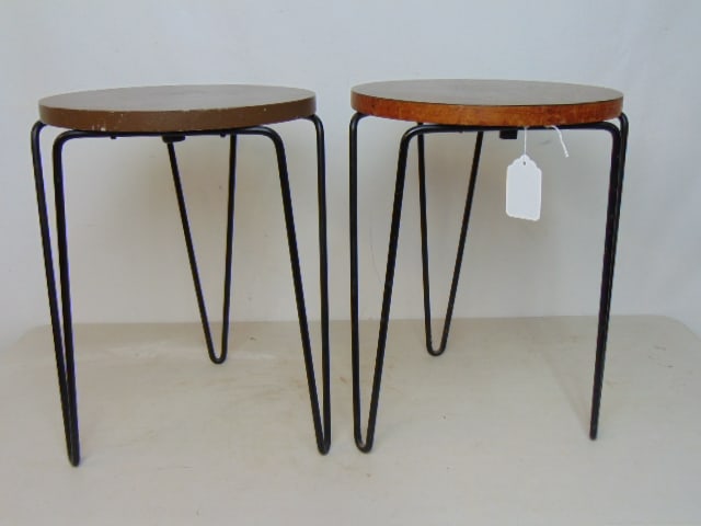 Pair small side tables by Knoll, iron base, wood / formica top, diameter is 13", height is 18", one (1 of 5)