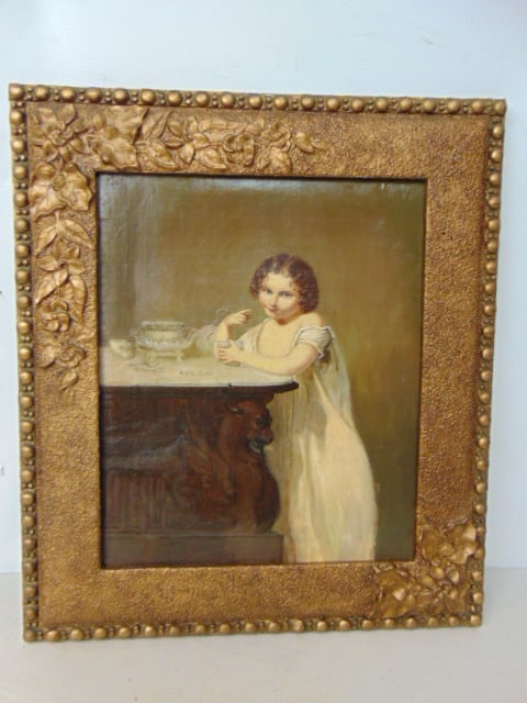 Painting, 19th cent. girl in nightgown leaning on marble top table, unsigned, oil on canvas, 12" by (1 of 5)