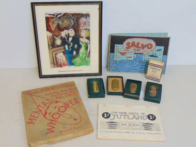 Game lot & vintage lighters, "Salvo", The Game of Wits, "Mental Whoopee", by Jerome Meyer, "The New (1 of 8)