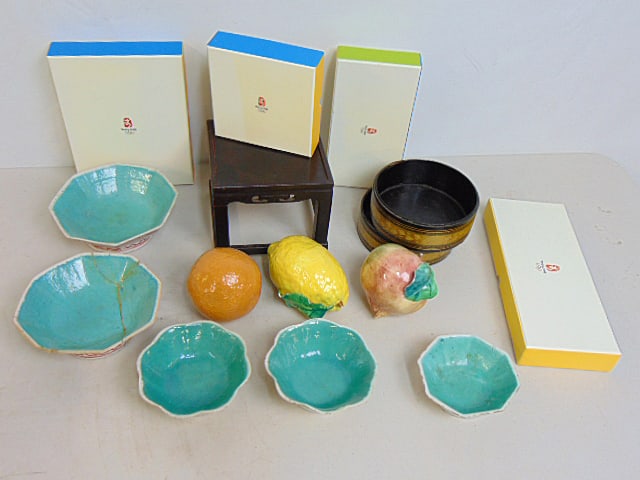 Misc. lot smalls, ceramic fruit, 2002 expo coin, 4 boxed pins, Beijing 2008 Olympics, miniature (1 of 9)