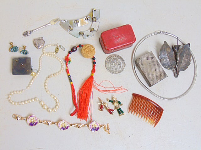 Misc. lot, sterling lighter, floral pin, coin (copy), & custom jewelry, bracelet, earrings etc, (1 of 5)