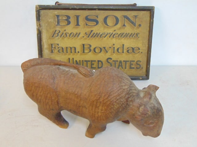 Bison museum sign & carved wood bison, sign reads "Bison, Bison Americanus", fam. Bovidae, Hab. (1 of 5)
