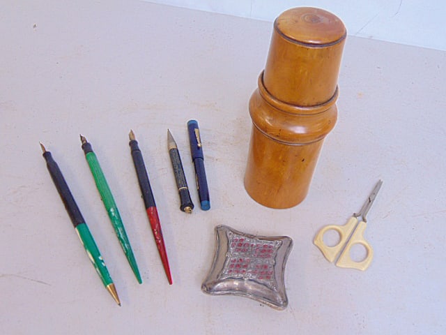 5 vintage pens, Treen Box, bone handled scissors & sterling silver pin cushion, preen box is 7": 5 vintage pens, Treen Box, bone handled scissors & sterling silver pin cushion, preen box is 7"