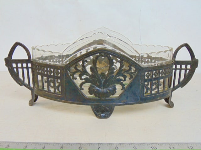 Jugendstil centerpiece, cut glass bowl in pewter frame, 15.25" wide, 6" deep.: Jugendstil centerpiece, cut glass bowl in pewter frame, 15.25" wide, 6" deep.