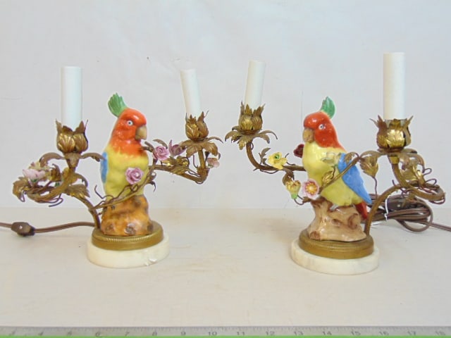 Pair Dresden style lamps with parrots, on marble base, each lamp has two arms in brass with applied (1 of 5)