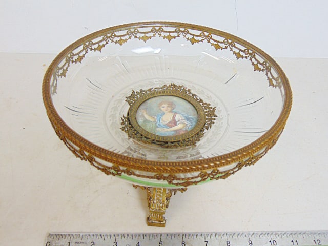 French 19th Century cut glass footed bowl with bronze base & trim plus miniature painted center, (1 of 5)