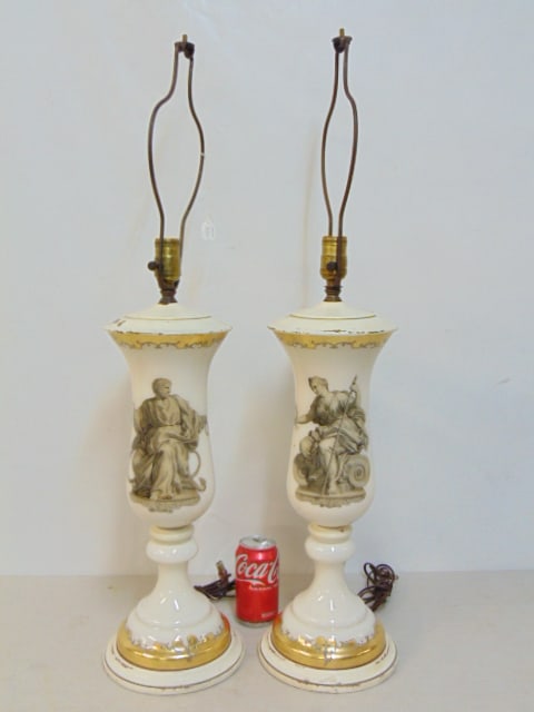 Pair decorative glass table lamps with neoclassical decoration, gilt accents, lamps are 32.5" tall (1 of 5)