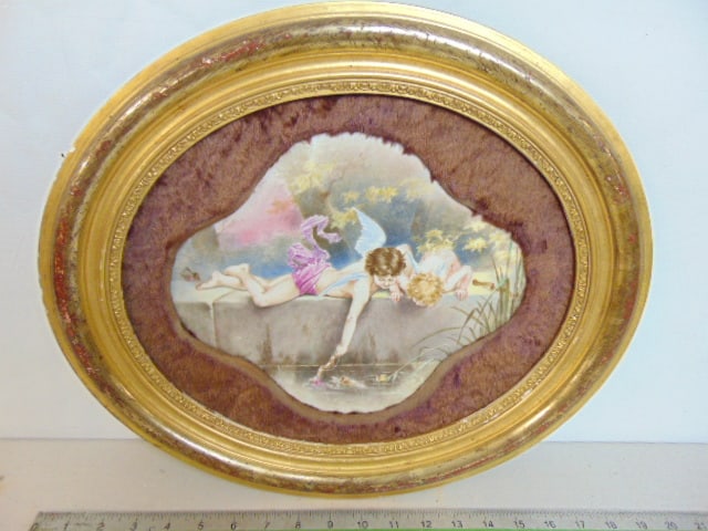 Porcelain plaque, cupid retrieving his arrows with bow from pond, faint writing on reverse, in gilt, (1 of 4)