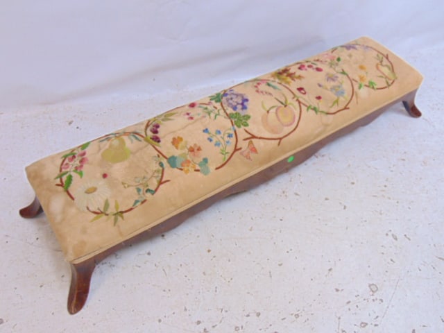 English kneeling bench with upholstered embroidered cover with various fruits & flowers, length is 4 (1 of 4)
