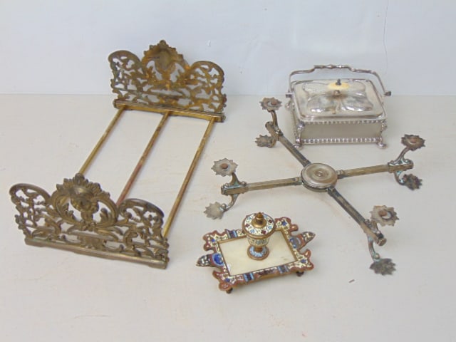 Lot silverplate & brass, bookends, stand, glass base silver plate lidded dish, cloisonne & marble (1 of 4)