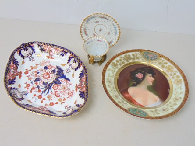 3 piece porcelain lot, Royal Crown Derby serving bowl, Austrian portrait plate with Beehive mark, (1 of 4)
