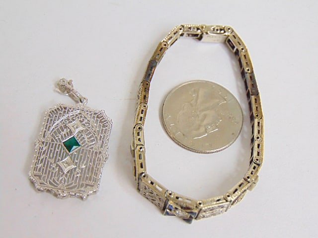 Jewelry. 2pc, 14k white gold Diamond filigree bracelet w/ blue stones, 10.60 grams & 14k white gold (1 of 7)